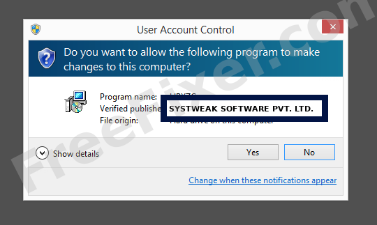 Screenshot where SYSTWEAK SOFTWARE PVT. LTD. appears as the verified publisher in the UAC dialog